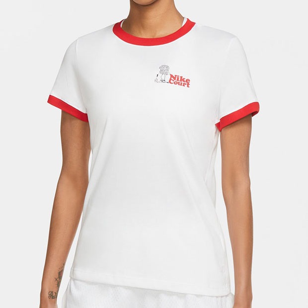 [나이키 여성용 코트 NYC 링거 테니스 티셔츠] NIKE Women`s Court Dri-FIT NYC Ringer Tennis T-Shirt - White and University Red