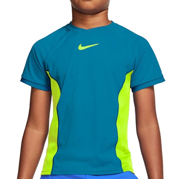 [나이키 남자 쥬니어 코트 드라이 반팔 테니스 상의] NIKE Boy&#039;s Court Dry Short Sleeve Tennis Top - Neo Turq w/ Volt