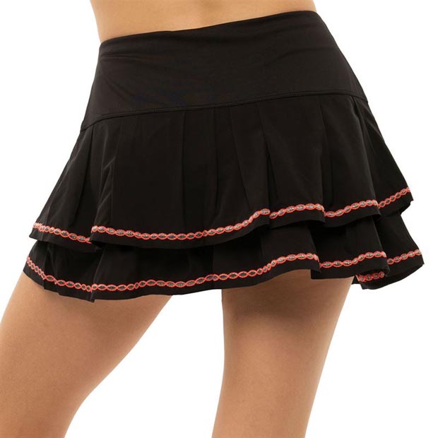 [럭키인러브 여성용 Lurex Flora 플리트드 티어 테니스 스커트] LUCKY IN LOVE Women`s Lurex Flora Pleat Tier Tennis Skirt - Black