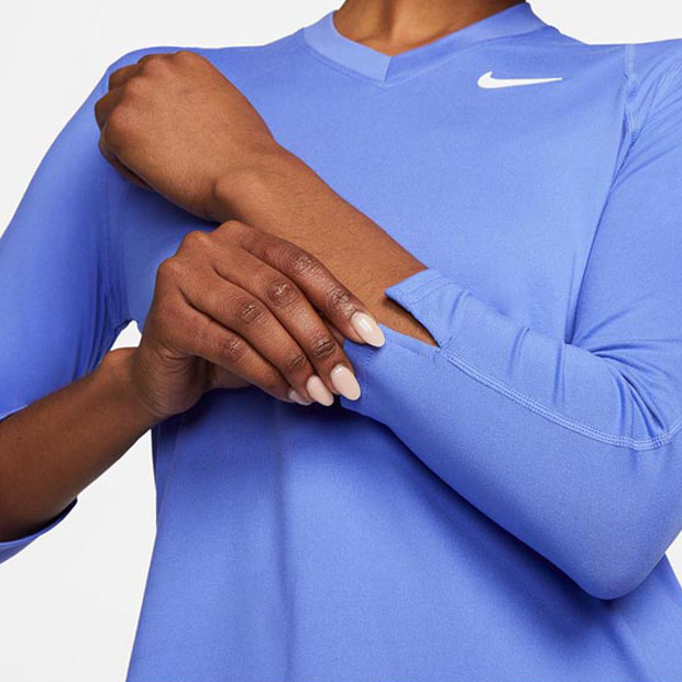 나이키 여성용 코트 드라이핏 UV 빅토리 8부 소매 테니스 티셔츠 Size S only - Sapphire