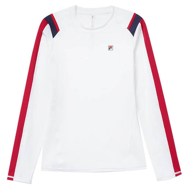 [휠라 여성용 헤리티지 에센셜 긴소매 테니스 상의] FILA Women`s Heritage Essentials Long Sleeve Tennis Top - White and Crimson