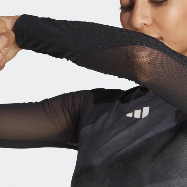 [아디다스 여성용 파리스 프리리프트 긴소매 크롭 테니스 상의] Adidas Women`s Paris Freelift Long Sleeve Cropped Tennis Top - Carbon and Black