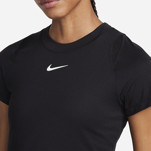 [나이키 여성용 드라이핏 어드밴티지 반팔 테니스 상의] NIKE Women&#039;s Dri-Fit Advantage Short Sleeve Tennis Top - Black