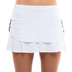 [럭키인러브 여성용 Kinetic Energy 러쉬드 티어 테니스 스커트] LUCKY IN LOVE Women`s Kinetic Energy Ruched Tier Tennis Skirt - White and Cobalt
