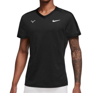 [나이키 남성용 라파 코트 드라이핏 어드밴티지 반팔 테니스 상의] NIKE Men`s Rafa Court Dri-FIT ADV Short-Sleeve Tennis Top - Black and Metallic Silver