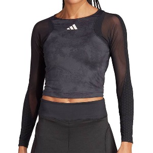 [아디다스 여성용 파리스 프리리프트 긴소매 크롭 테니스 상의] Adidas Women`s Paris Freelift Long Sleeve Cropped Tennis Top - Carbon and Black